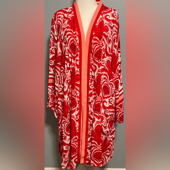 Dennis Basso Women’s Red White Duster Kimono Bohemian Hippie Western Cowgirl 2X - Picture 4 of 10